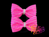 Tailless Bows - 2" Piggy Bow Set of 2 - Crystal AB on Fluro Pink